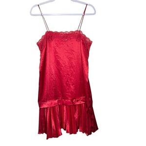 Vintage Hidden Fantasies Satin Nighty Women M Red Pleated Lace Bow 80's Sexy‎